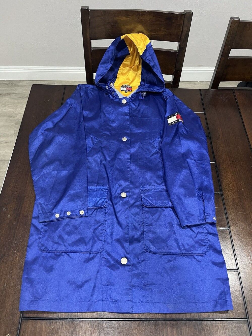 Vtg 90s Tommy Hilfiger Rain Jacket Long Parka Blue Yellow Hooded Sailing Mens M